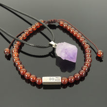 Load image into Gallery viewer, Gift Pack - Amethyst Raw Stone Necklace Braided Garnet Bracelet with Sterling Silver Blessing Bead Orange Spessartine Bracelet Gift Item
