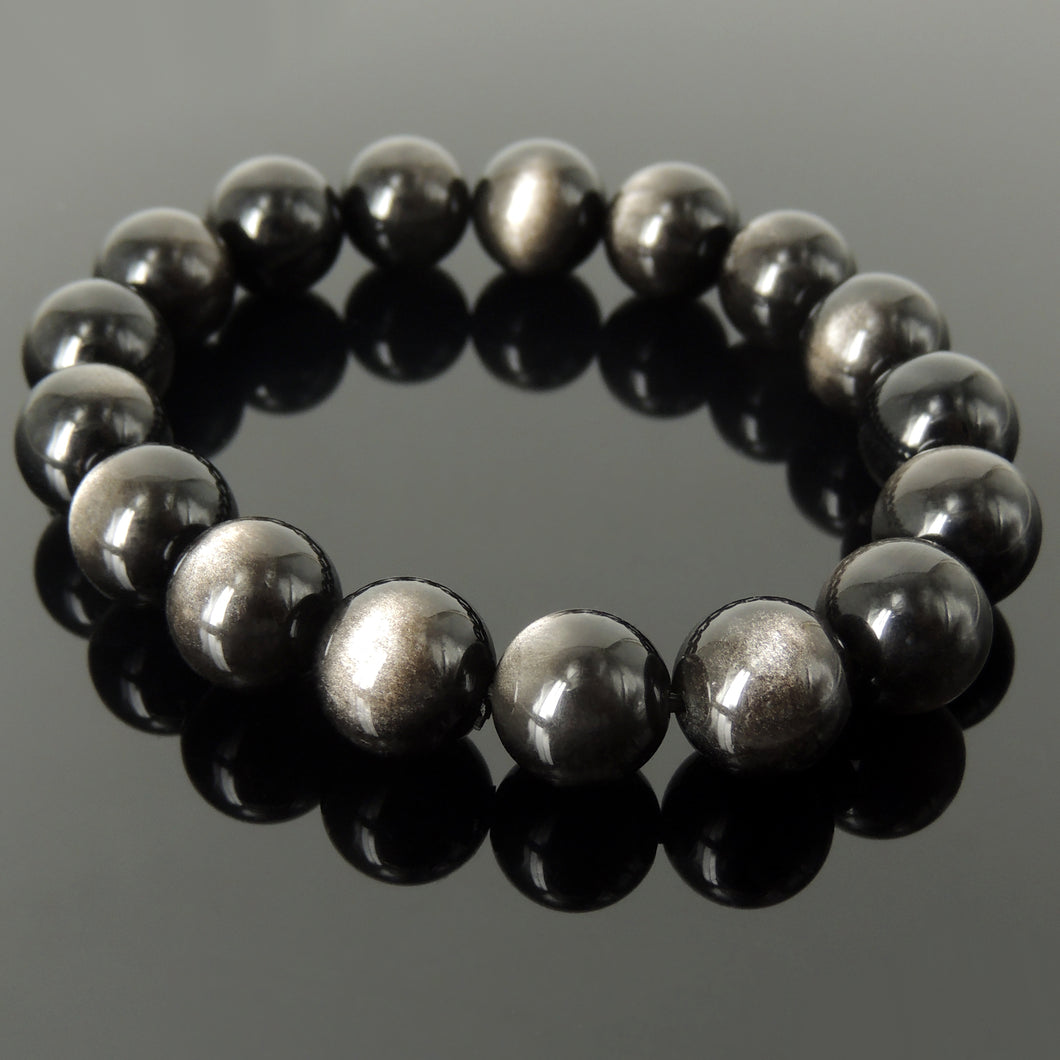 Top Grade Silver Sheen Obsidian Bracelet | Handmade 12mm Large Beaded Men Women Reiki Healing Stone | 1st Root Chakra Remove Negativity