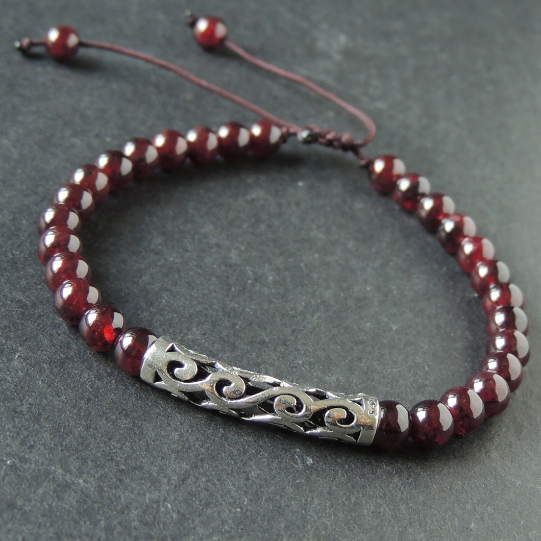 Lucky Red Garnet Bracelet Braided with Sterling Silver Charm for Men & Women Handmade Protection Positivity Jewelry for Base Chakra