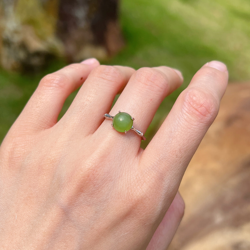 Natural Hetian Jade Sterling Silver Ring with Four Prongs Setting | Handmade Healing Gemstone Fashion Jewelry