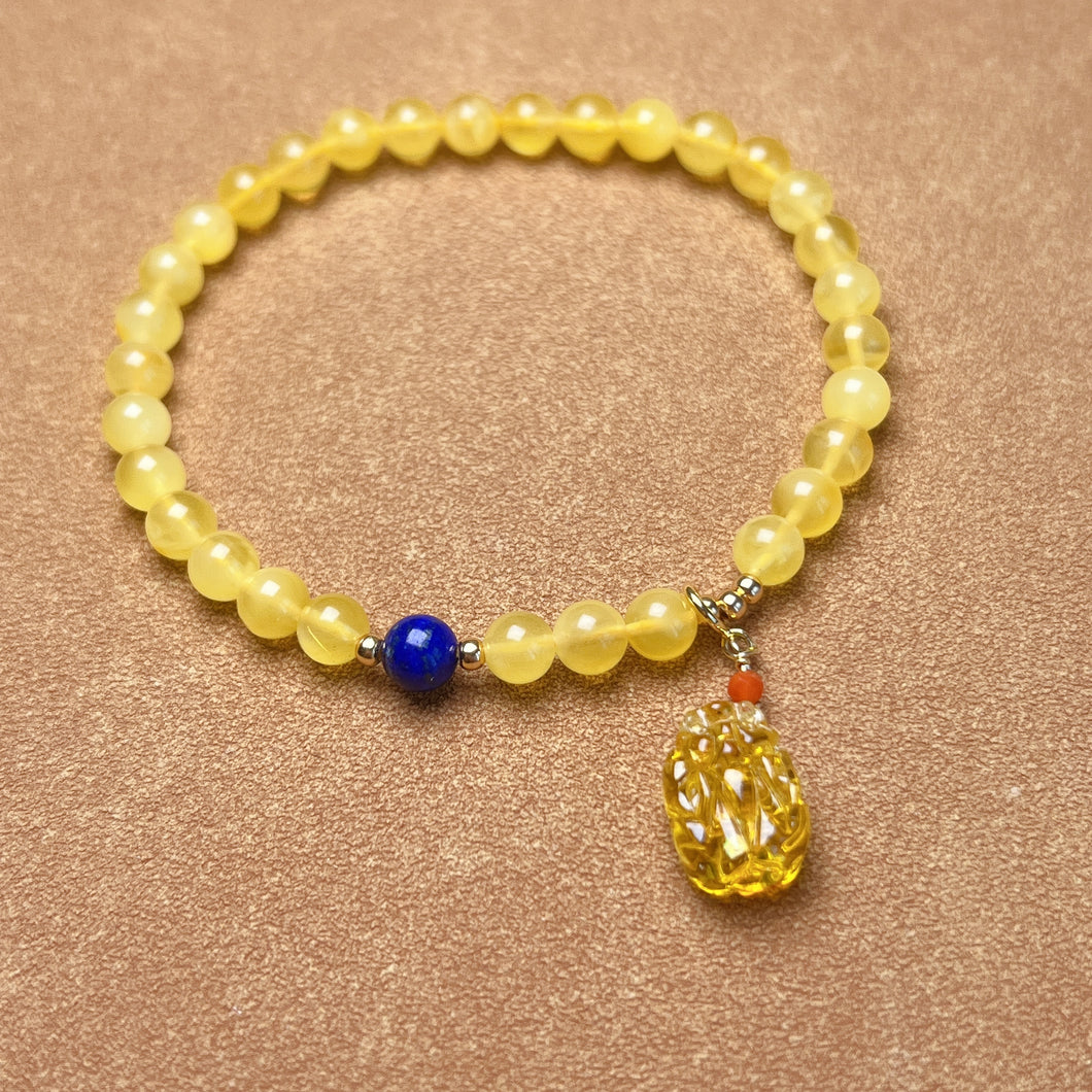 Genuine Amber Bracelet with Mini Pixiu Pendant | Lucky Stone of Aries Gemini Leo Virgo | One of A Kind Jewelry