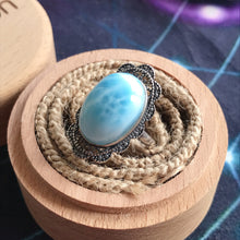 Load image into Gallery viewer, Beautiful Natural Blue Larimar Ring Handmade with 11.2x16.3x8.6mm Cabochon 925 Sterling Silver Adjustable Sizes
