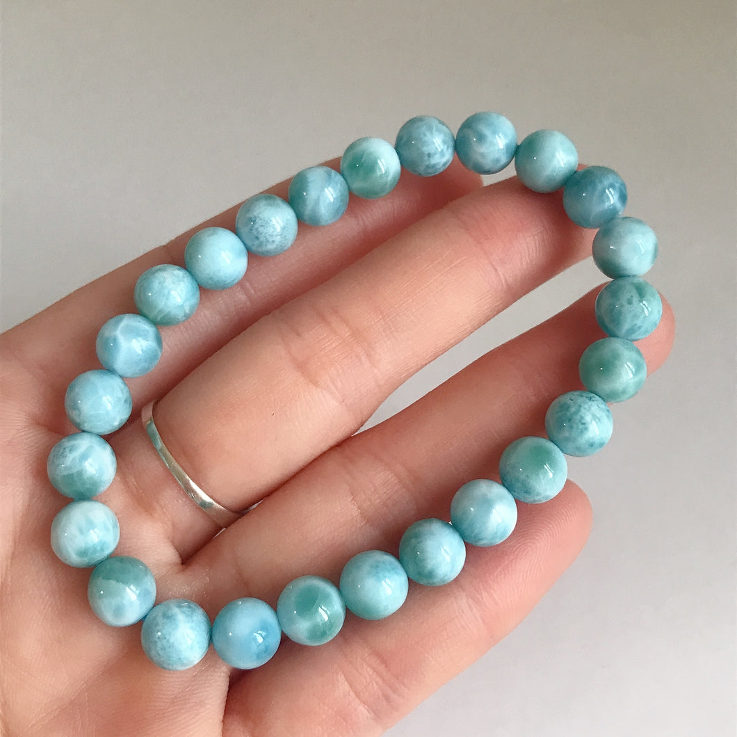 Dolphin Stone Natural Blue Larimar Bracelet Handmade with 7.5mm Round Beads | Throat Chakra Healing Jewelry
