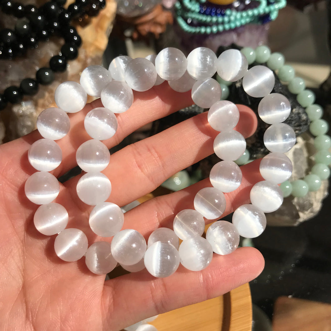 10.5mm Top Grade Natural Selenite Bracelet Strong Cateye from Morocco | Self-cleansing Calming | 7th Crown Chakra Reiki Healing Jewelry