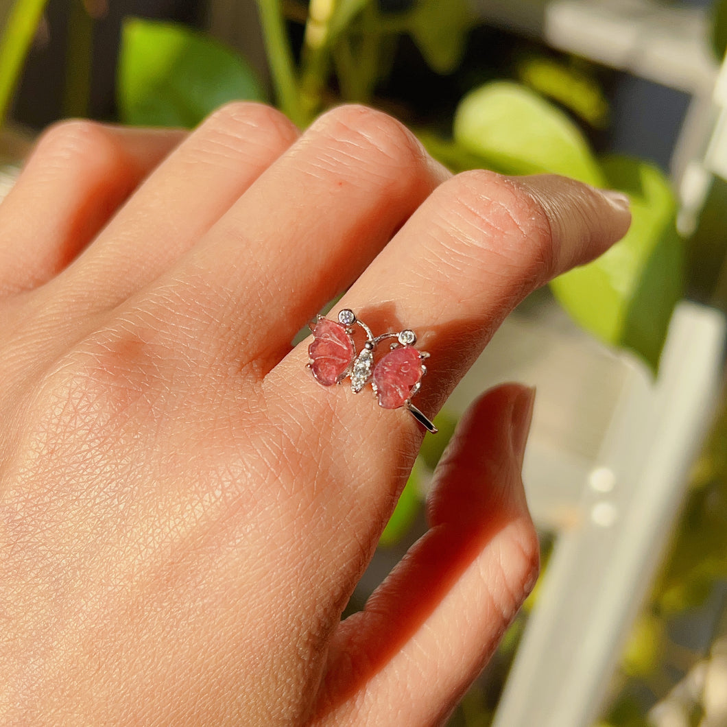 High-quality Rainbow Tourmaline Butterfly Ring Sterling Silver with 18K White Gold Plated