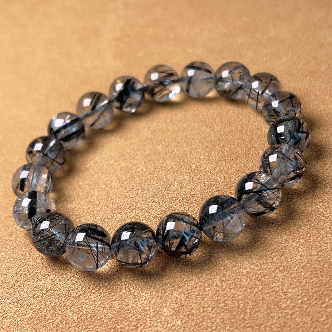 10.6mm Natural Black Tourmalated Quartz Inclusion Crystal Bracelet | Men's Women's Healing Jewelry Remove Negativity