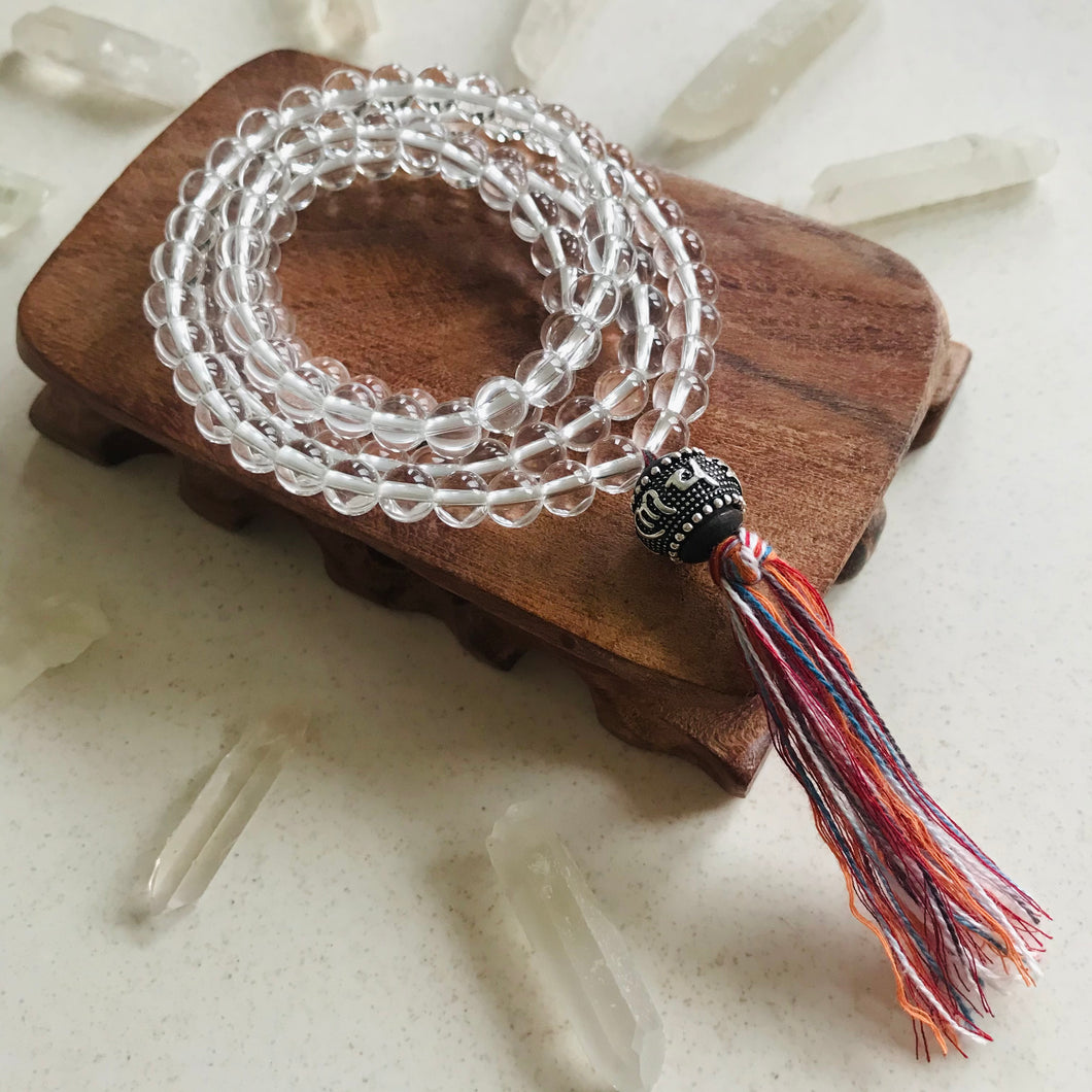108 Prayer Beads 6mm Natural Clear Quartz | Elastic Beaded Necklace Handmade Jewelry with Ebony Wood Sterling Silver Bead | Healing Stone Mala Meditation
