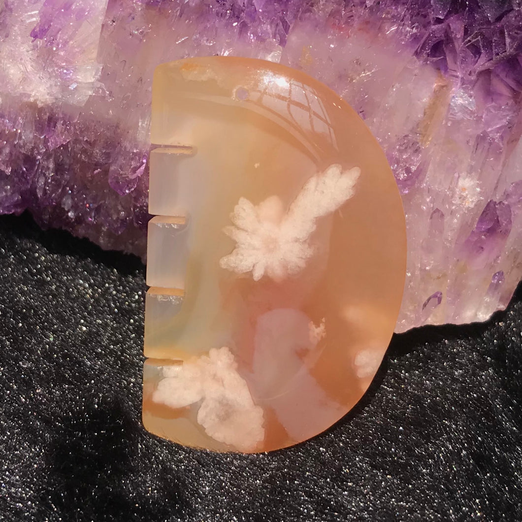 Small Comb Sakura Agate Pendant 27x43x9.5mm Hand-carved Unique DIY Parts Crystal Gemstone Jewelry Handmade Gemstone Cherry Blossom Agate