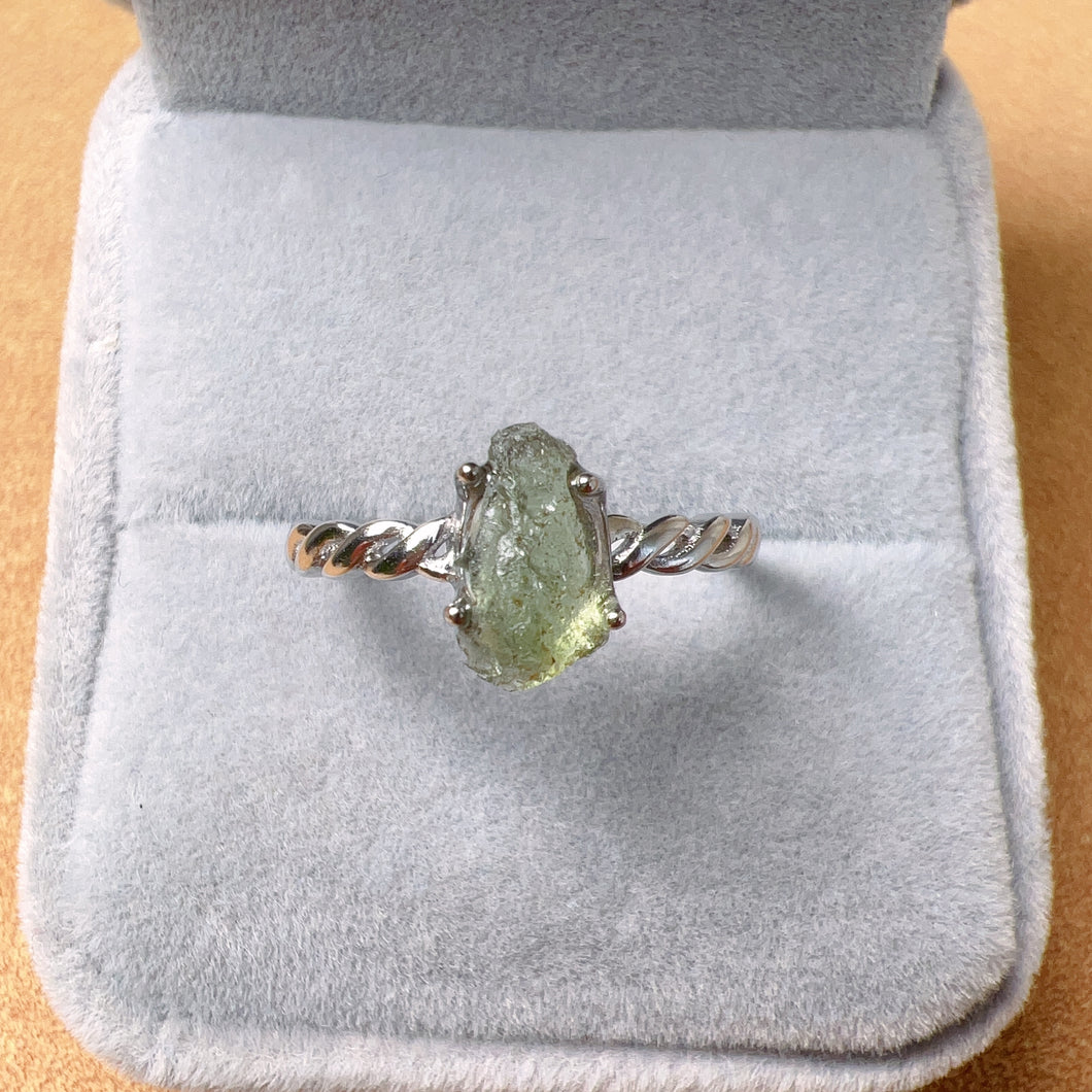 Natural Moldavite Raw Stone Ring 925 Sterling Silver Prongs | Rare High-frequency Healing Stone