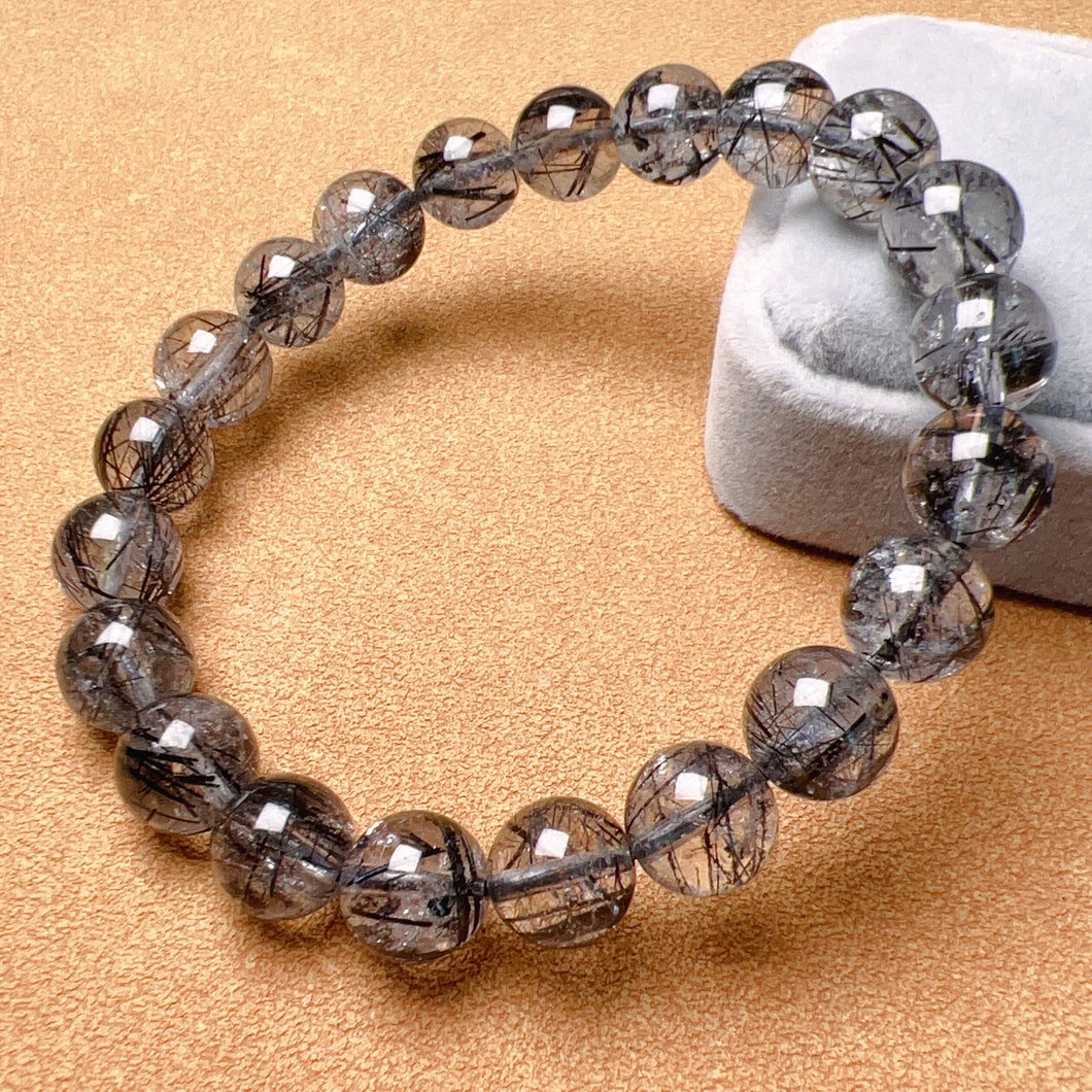 9.3mm Natural Black Tourmalated Quartz Inclusion Crystal Bracelet | Men's Women's Healing Jewelry Remove Negativity