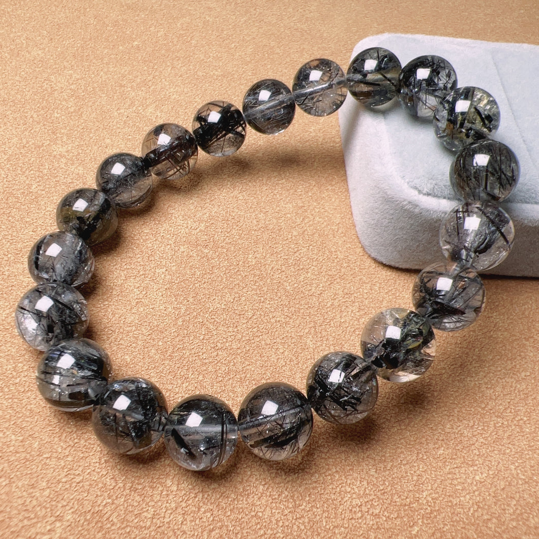 10.3mm Natural Black Tourmalated Quartz Inclusion Crystal Bracelet | Men's Women's Healing Jewelry Remove Negativity