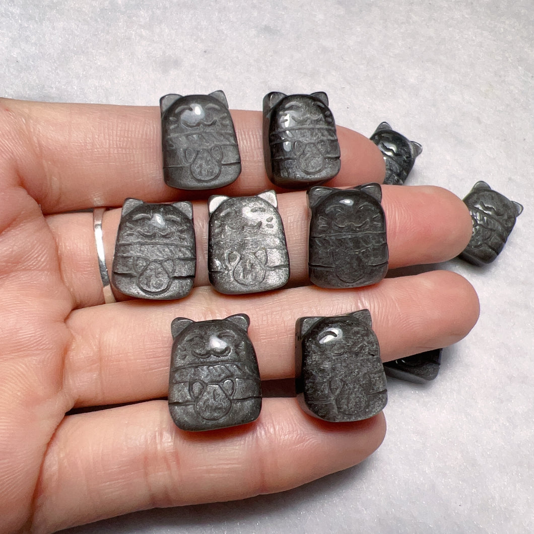 High-quality Silver Sheen Obsidian Lucky Cat Maneki Neko Charms Pendants for DIY Jewelry Project