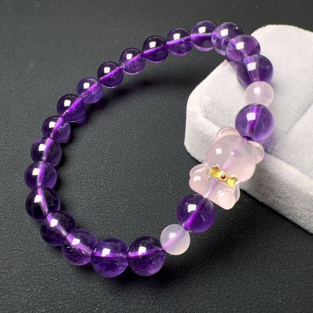 8mm Natural Amethyst Healing Crystal Bracelet with Gummy Bear Charm | Custom-made Crown Chakra Jewelry