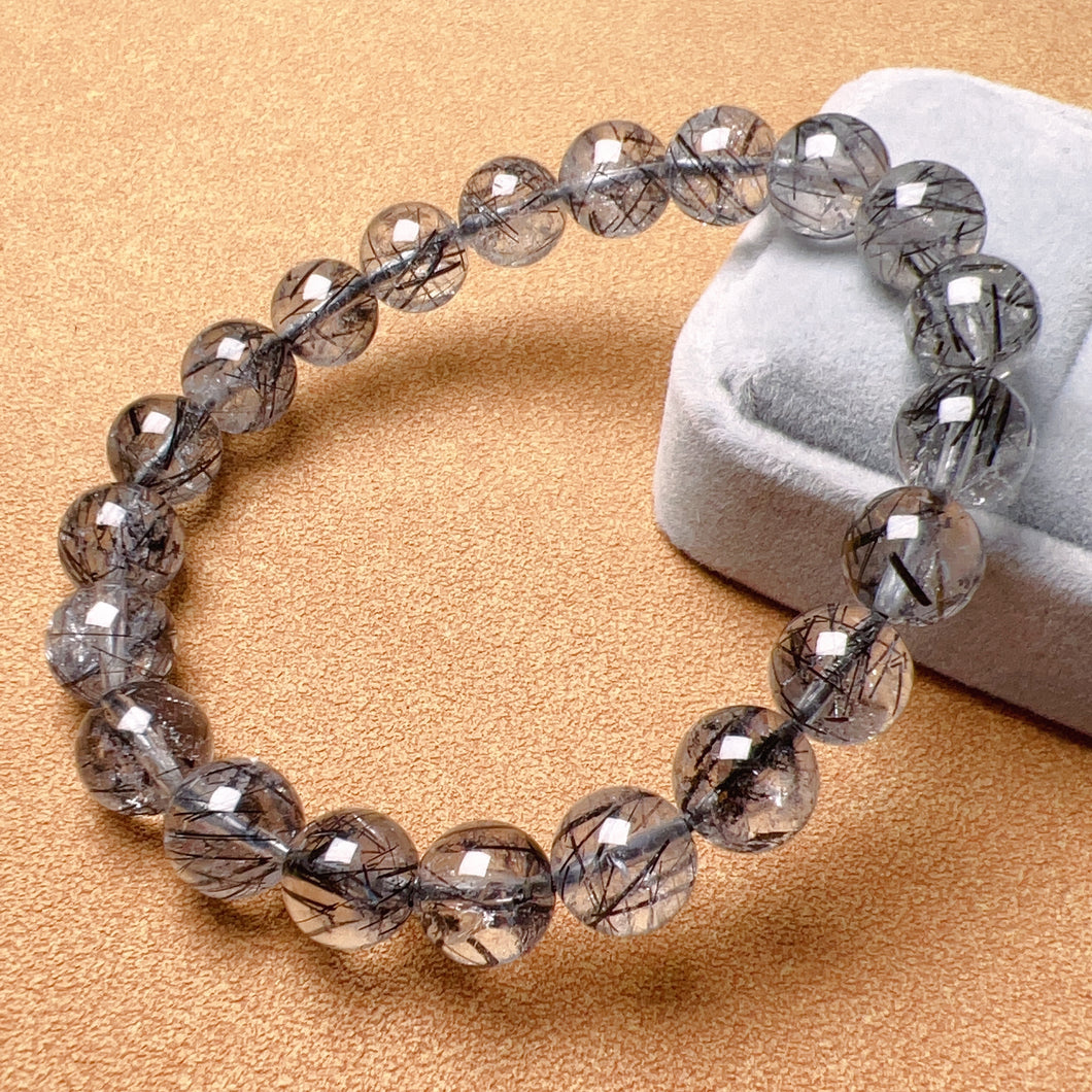 Natural Black Tourmalated Quartz Inclusion Crystal 9.2mm Bracelet | Men's Women's Healing Jewelry Remove Negativity