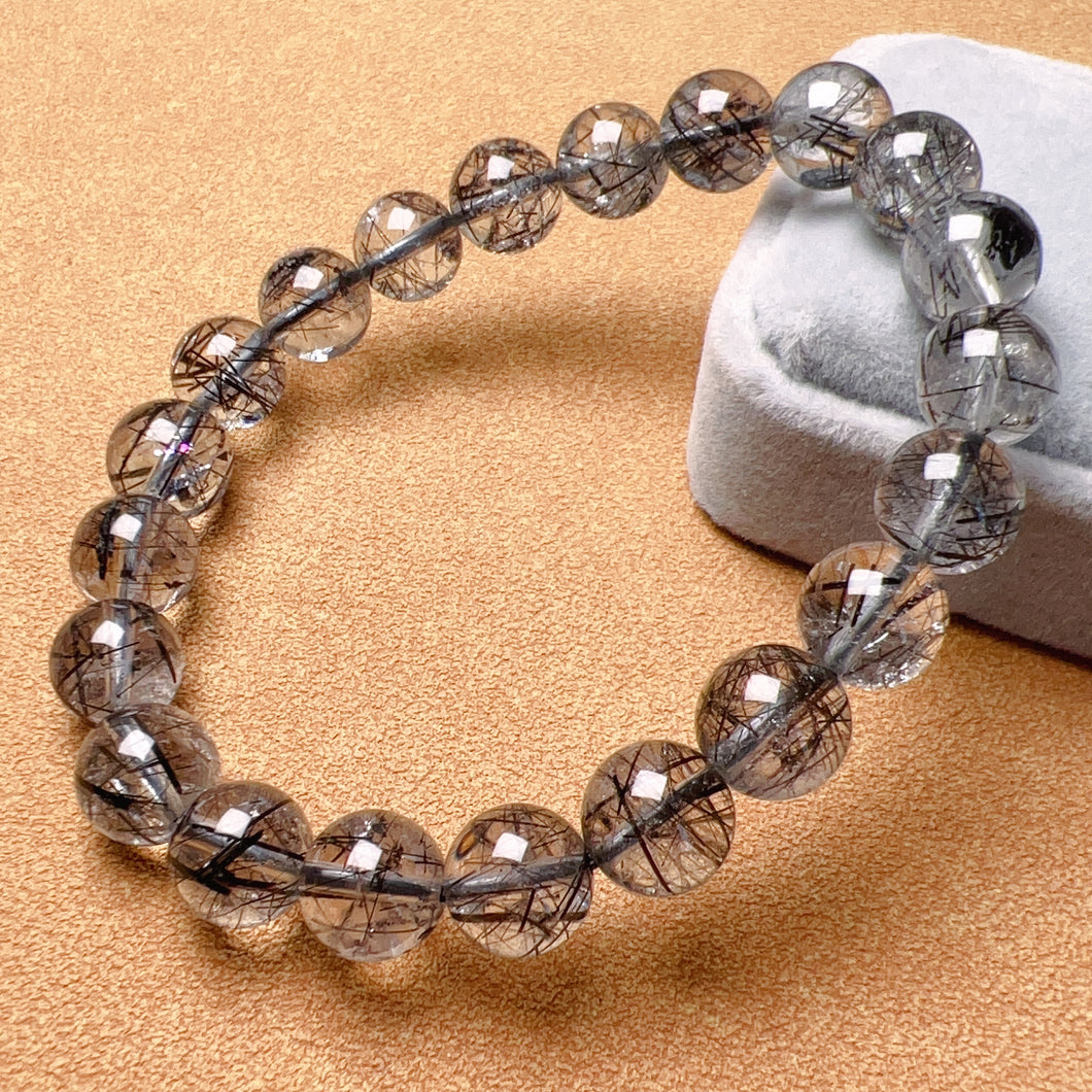 9.1mm Natural Black Tourmalated Quartz Inclusion Crystal Bracelet | Men's Women's Healing Jewelry Remove Negativity