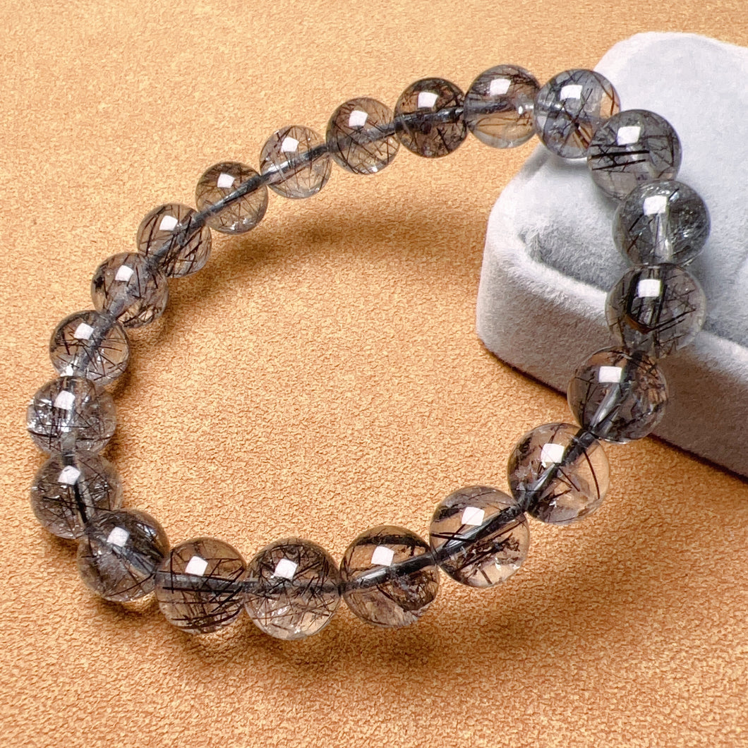 9.2mm Natural Black Tourmalated Quartz Inclusion Crystal Bracelet | Men's Women's Healing Jewelry Remove Negativity