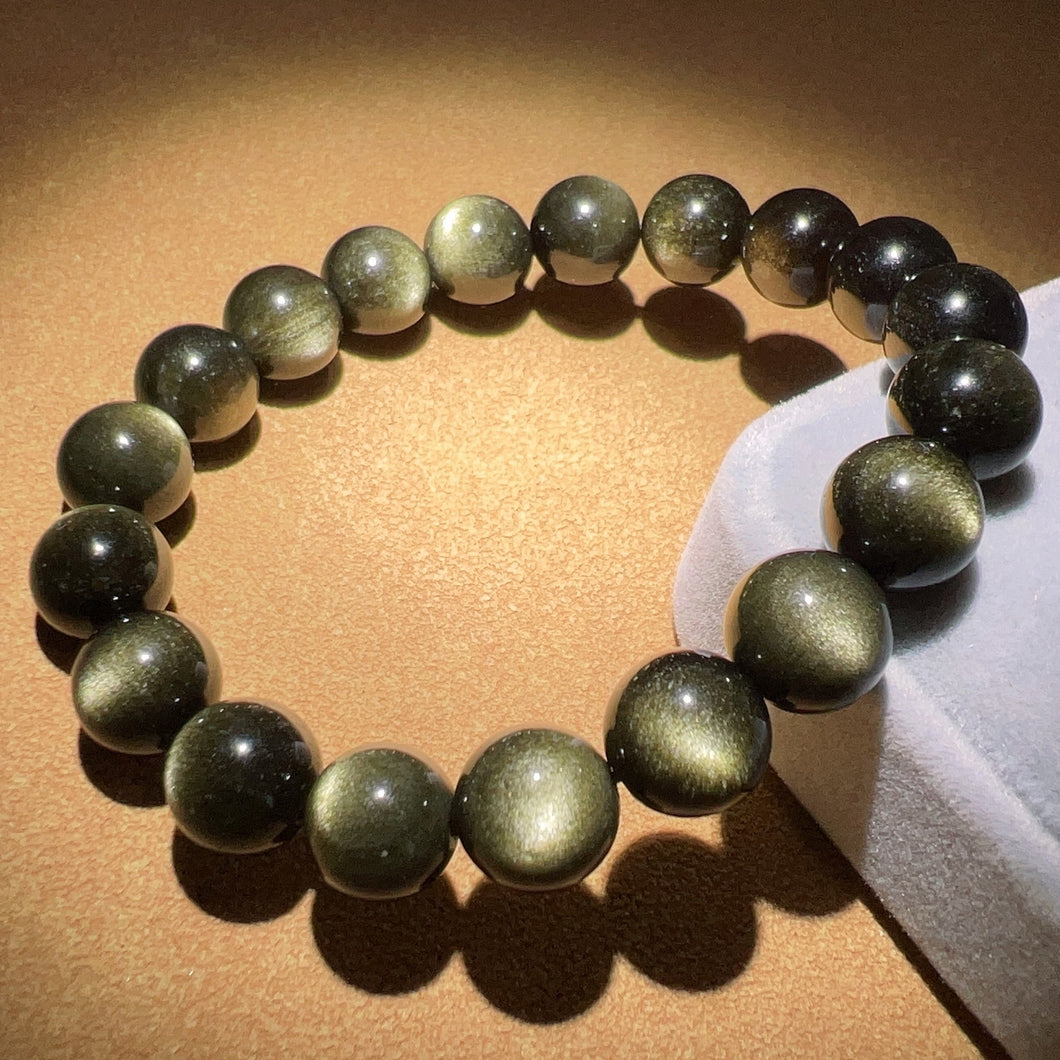 Top Grade 10mm Golden Sheen Obsidian Bracelet | Handmade Men Women Reiki Healing Stone